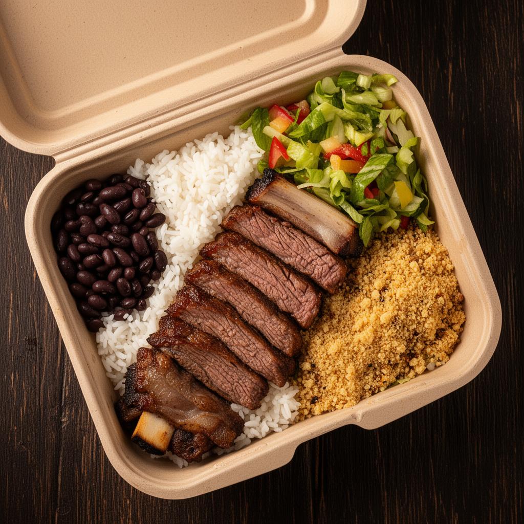 Marmita aberta com costela, arroz, feijão e farofa